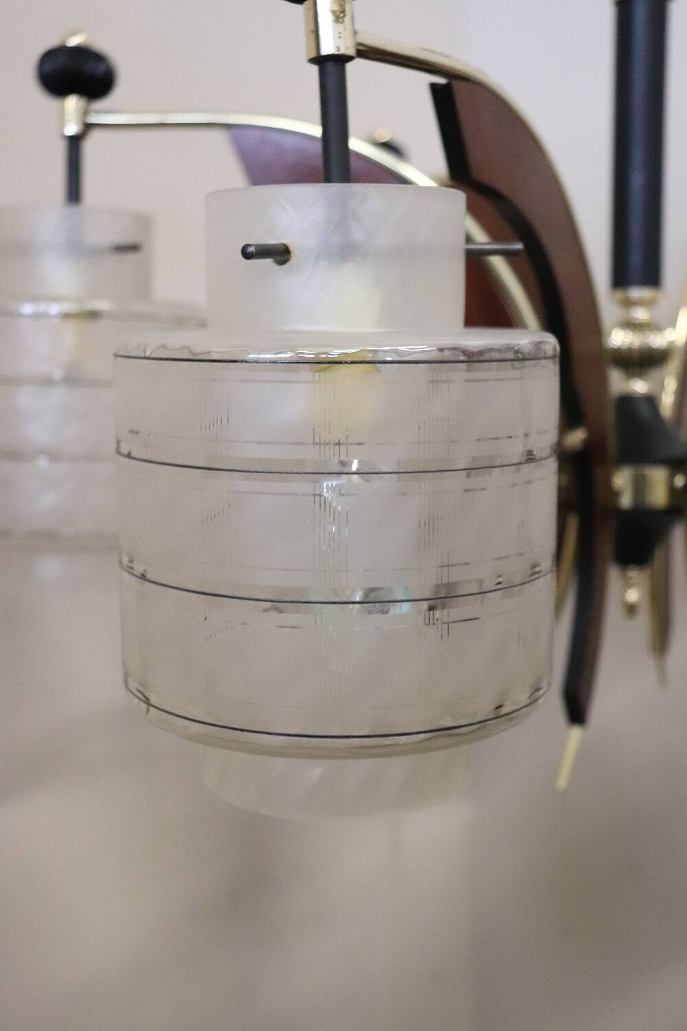 Glass, wood, brass and black lacquered metal chandelier, Italy, 1950