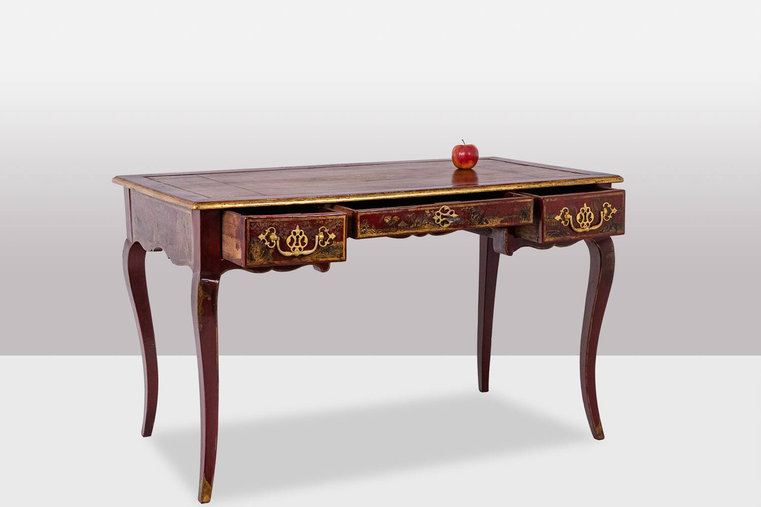 Louis XV style bureau plat with lake scene decoration. Circa 1800.