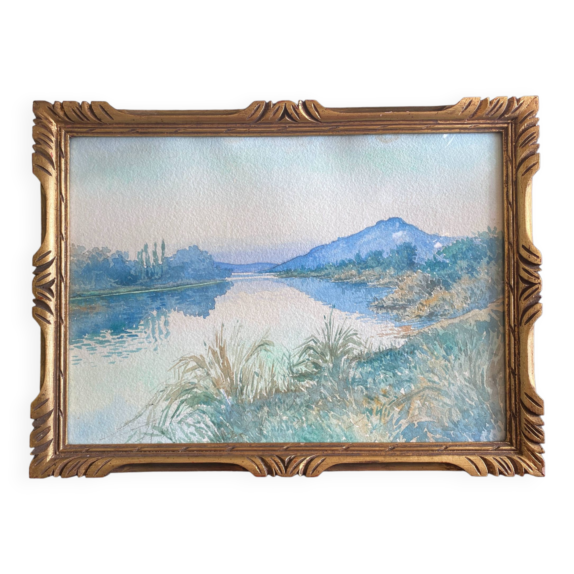 Watercolor Painting "Landscape at the River" circa 1920 + frame