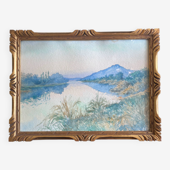 Tableau Aquarelle "Paysage à la rivière" vers 1920 + encadrement