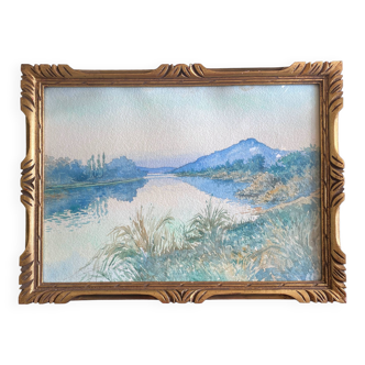 Tableau Aquarelle "Paysage à la rivière" vers 1920 + encadrement