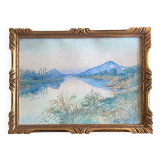 Watercolor Painting "Landscape at the River" circa 1920 + frame