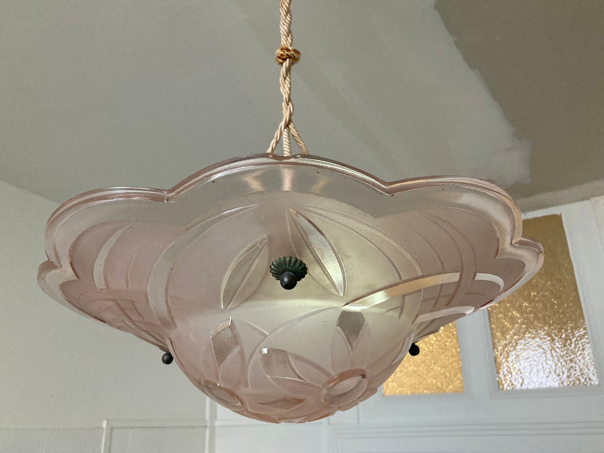 Art deco pink glass ceiling chandelier signed <Degue around 1930
