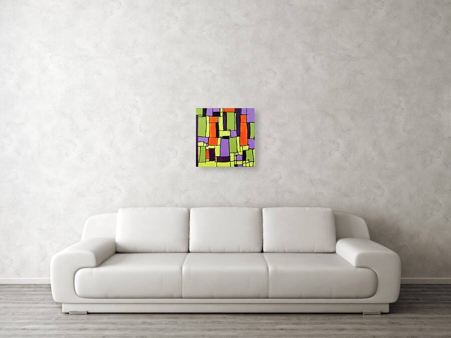 Modern abstract green, yellow, purple and orange mixed media painting