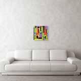 Modern abstract green, yellow, purple and orange mixed media painting