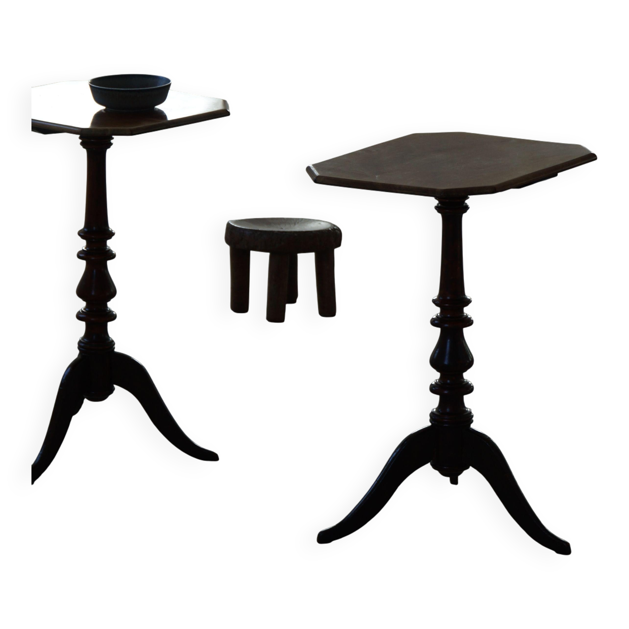 Pair of English side tables / pedestals, walnut, mid-century, 1940s.