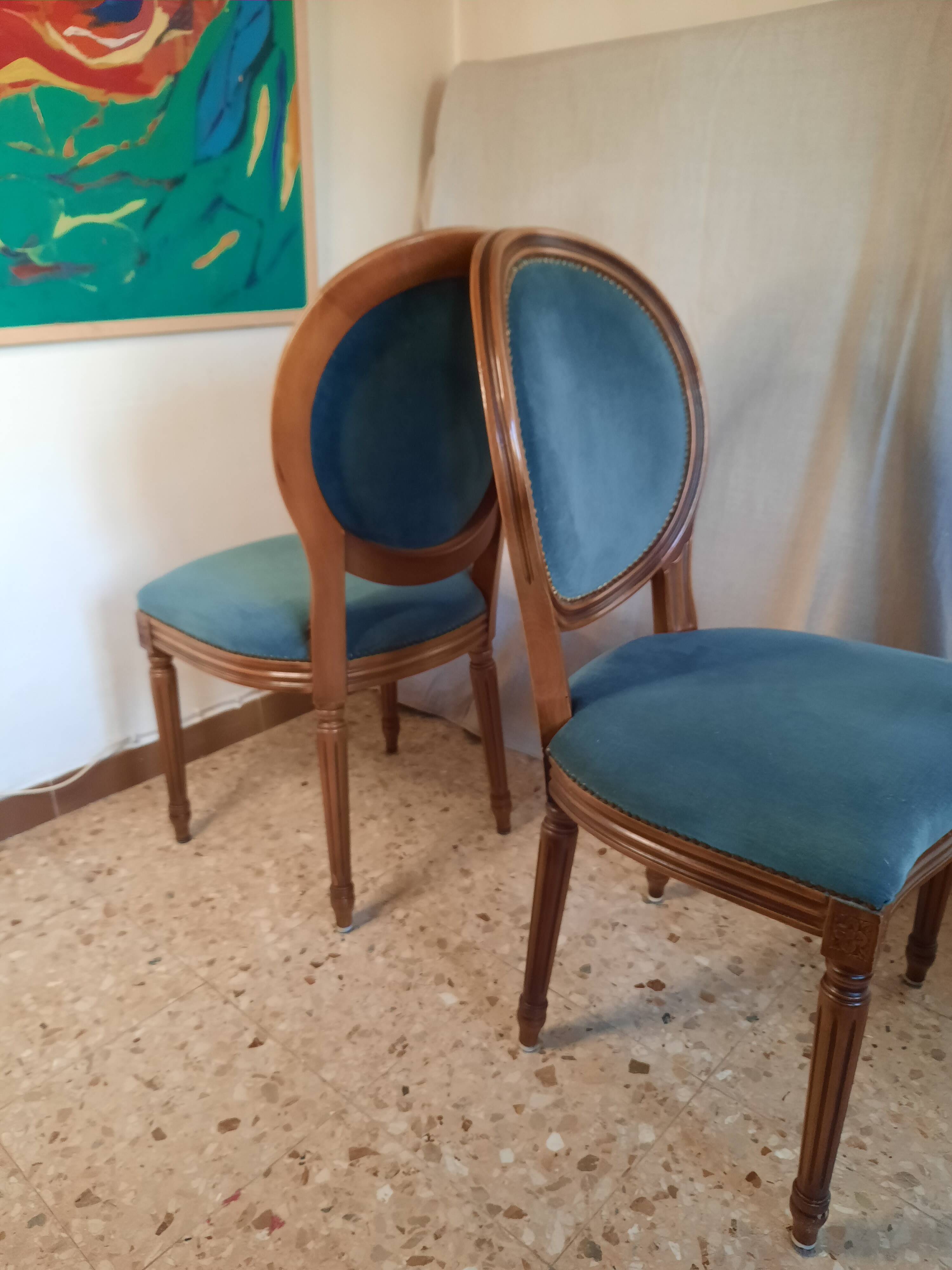 Pair of blue velvet medallion chairs