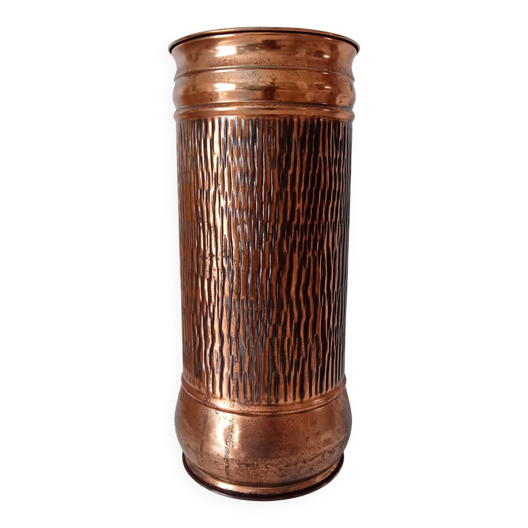 Vintage brutalist umbrella stand in hammered copper with a wood effect.