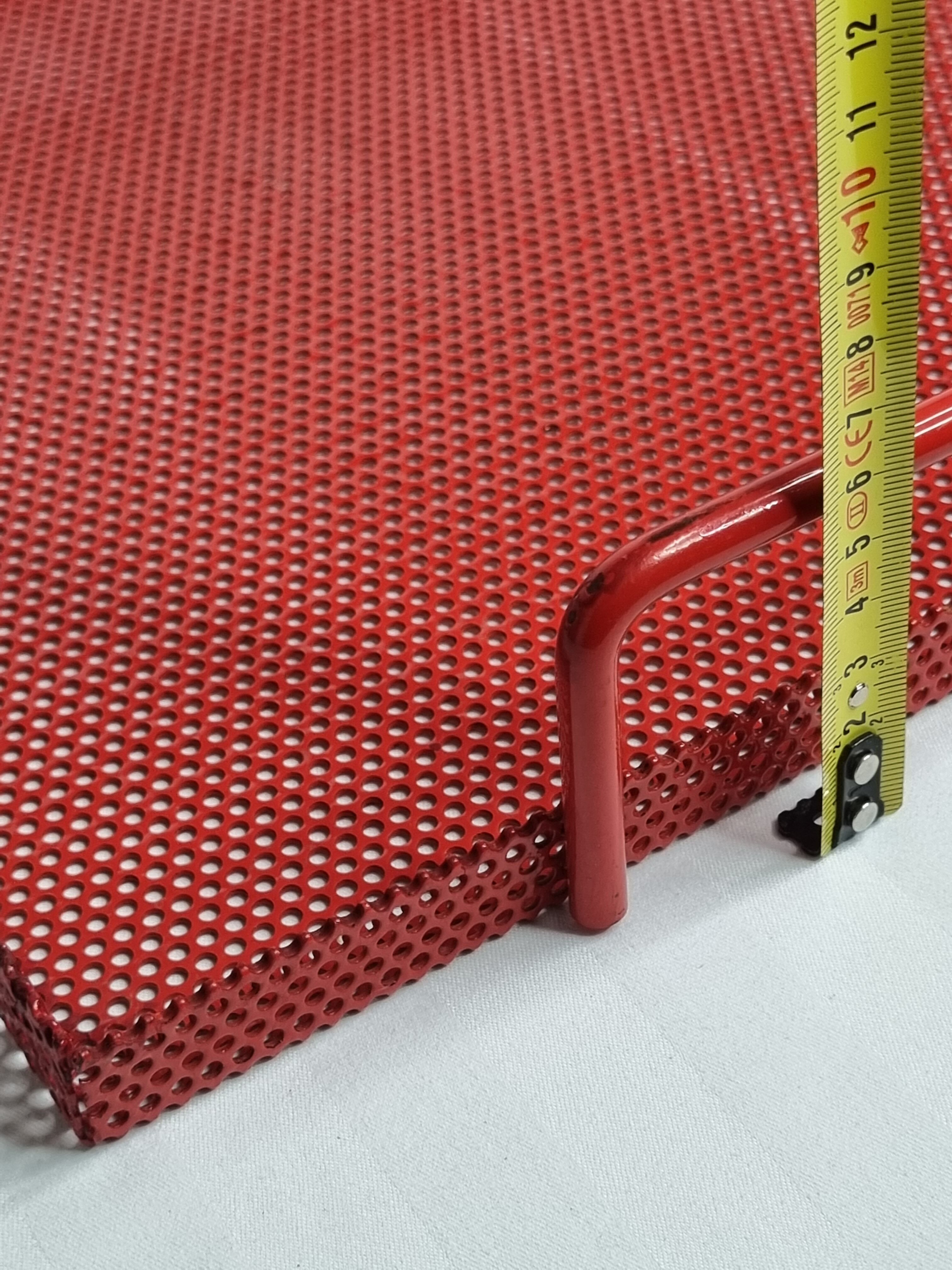 Presentation tray in red lacquered perforated metal, 80s