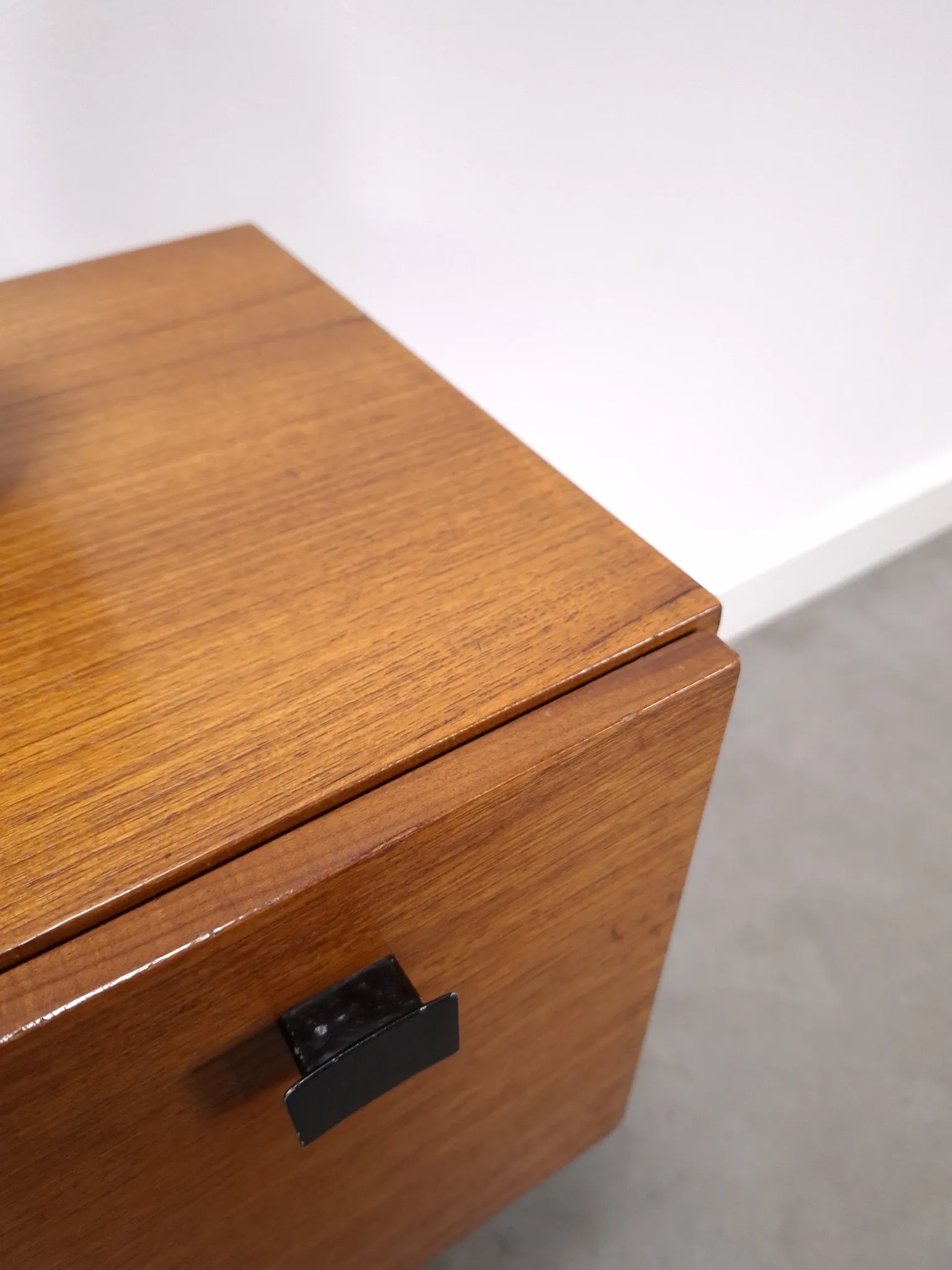 Vintage small teak cabinet with drawers, flap and black handles, hallway cabinet.