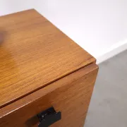 Vintage small teak cabinet with drawers, flap and black handles, hallway cabinet.