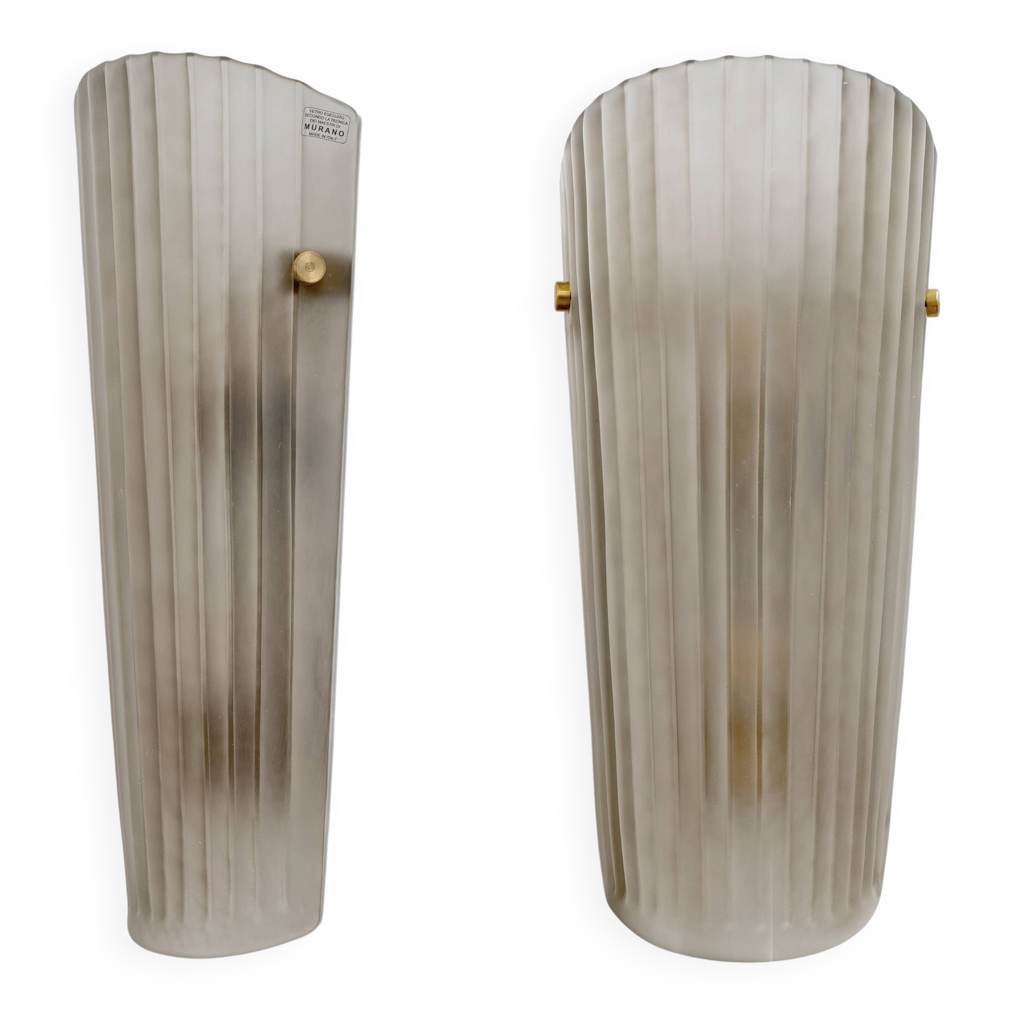 Pair of Murano Glass Wall Sconces Satin Smoke Glass and Brass, Italy