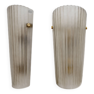 Pair of Murano Glass Wall Sconces Satin Smoke Glass and Brass, Italy
