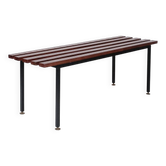 Vintage modernist Italian bench from the mid-century in slatted teak, black metal frame, Italy, 1960s.