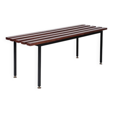 Vintage modernist Italian bench from the mid-century in slatted teak, black metal frame, Italy, 1960s.