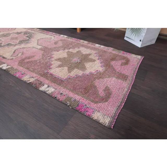 Vintage Turkish hand-knotted wool cotton pink runner rug 88x283