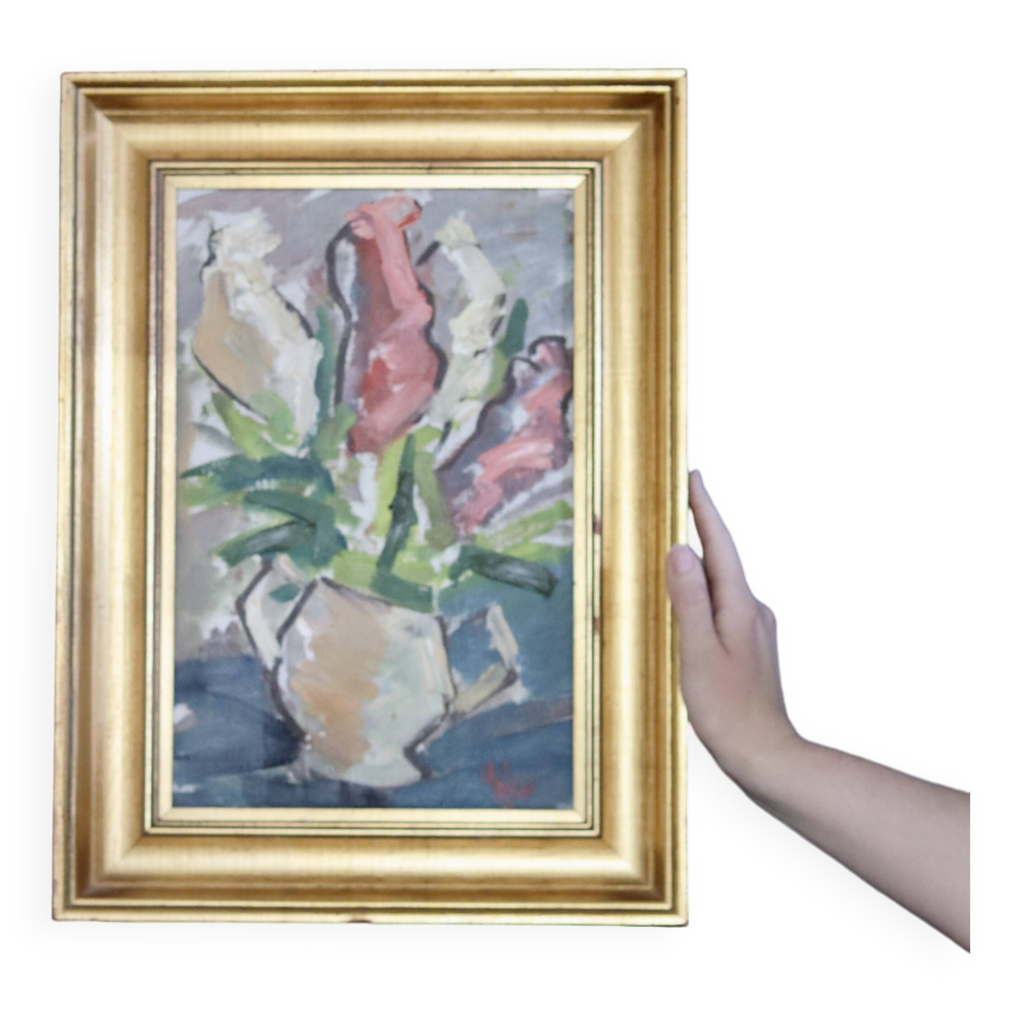 Original Mid-Century Oil on Canvas " Vase" by unidentified Artist- Vintage & Framed
