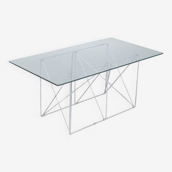 Max Sauze, table à manger/table, fil d'acier et verre, années 1970, France