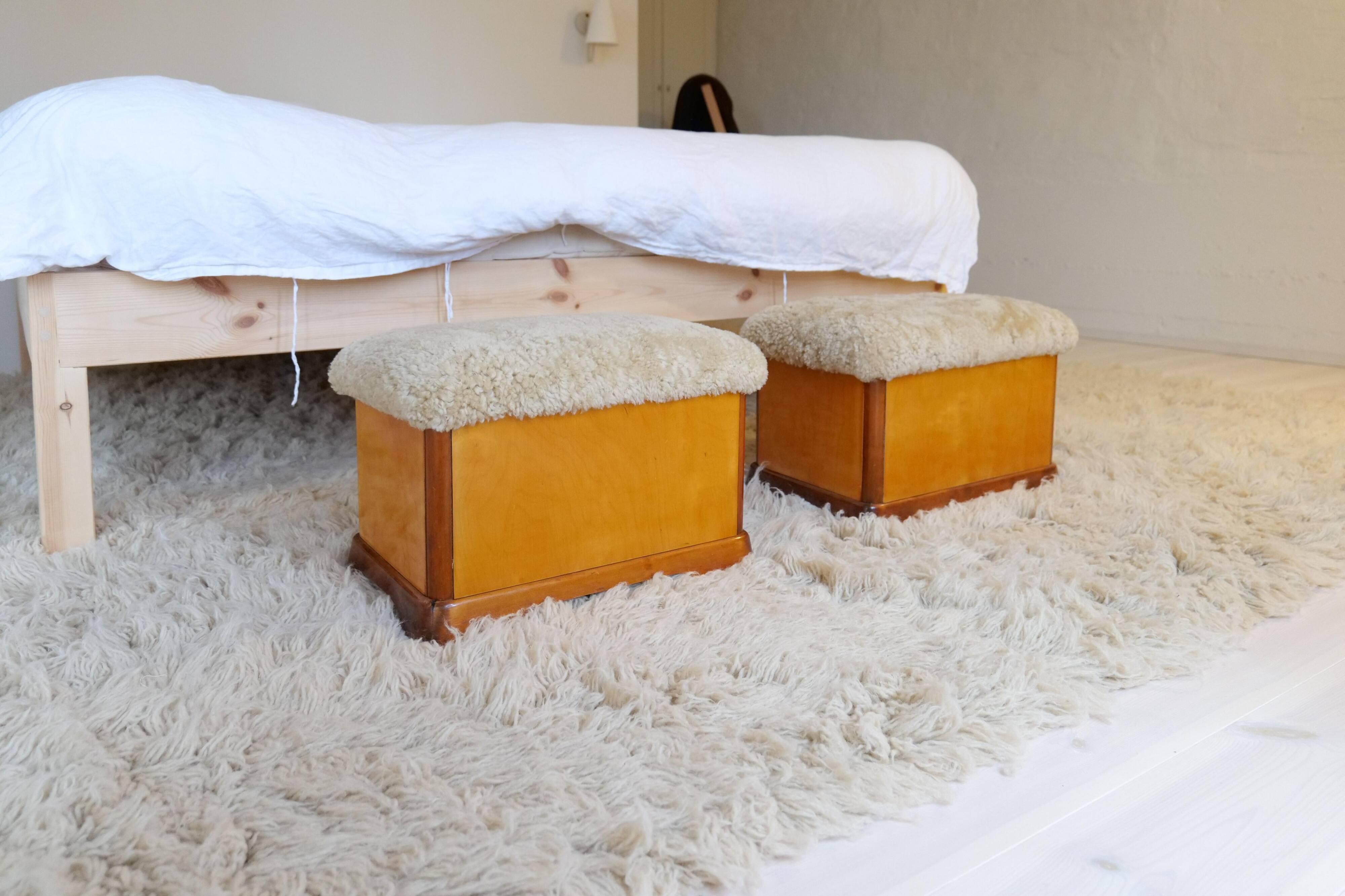 Swedish Art Deco Stools in Lacquered Birch with Sheepskin Seat, 1940s