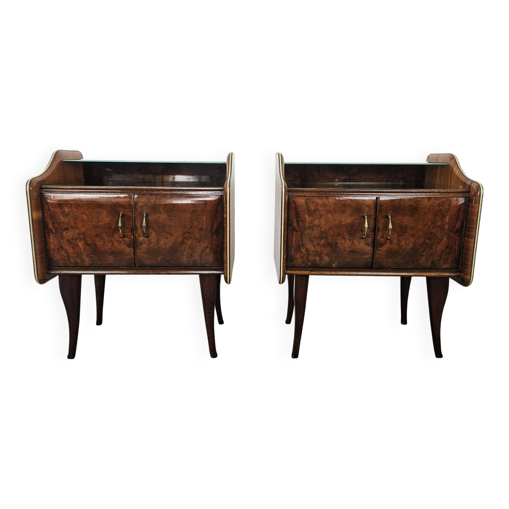 Walnut burl bedside tables with double glass top