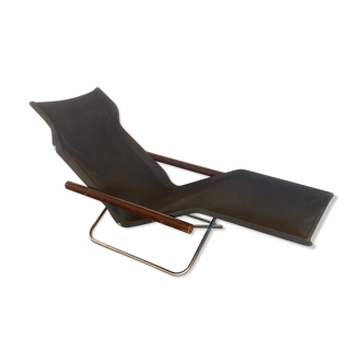 Folding chaise longue model "NY" in chrome metal, wood and fabric by Takeshi NII