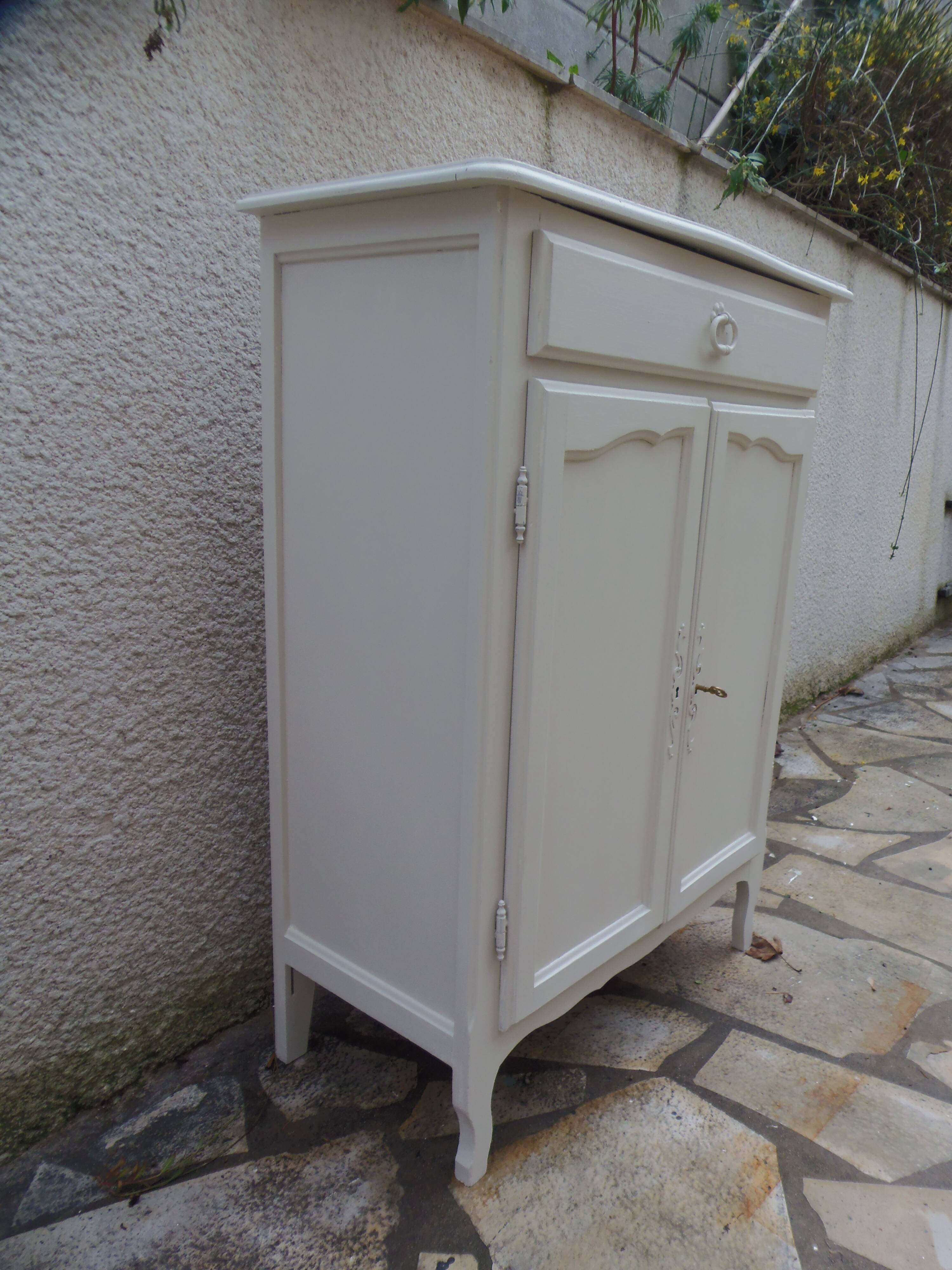 Small vintage buffet reimagined in pearl grey, wooden top.