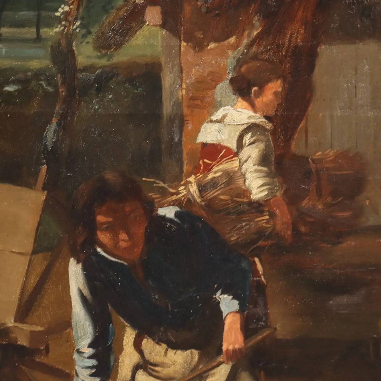 Peinture ancienne scène champêtre, huile sur toile, Europe du Nord '800