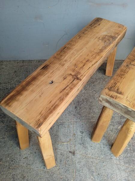Pair of 2 patinated solid wood benches / stools