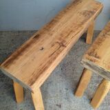 Pair of 2 patinated solid wood benches / stools