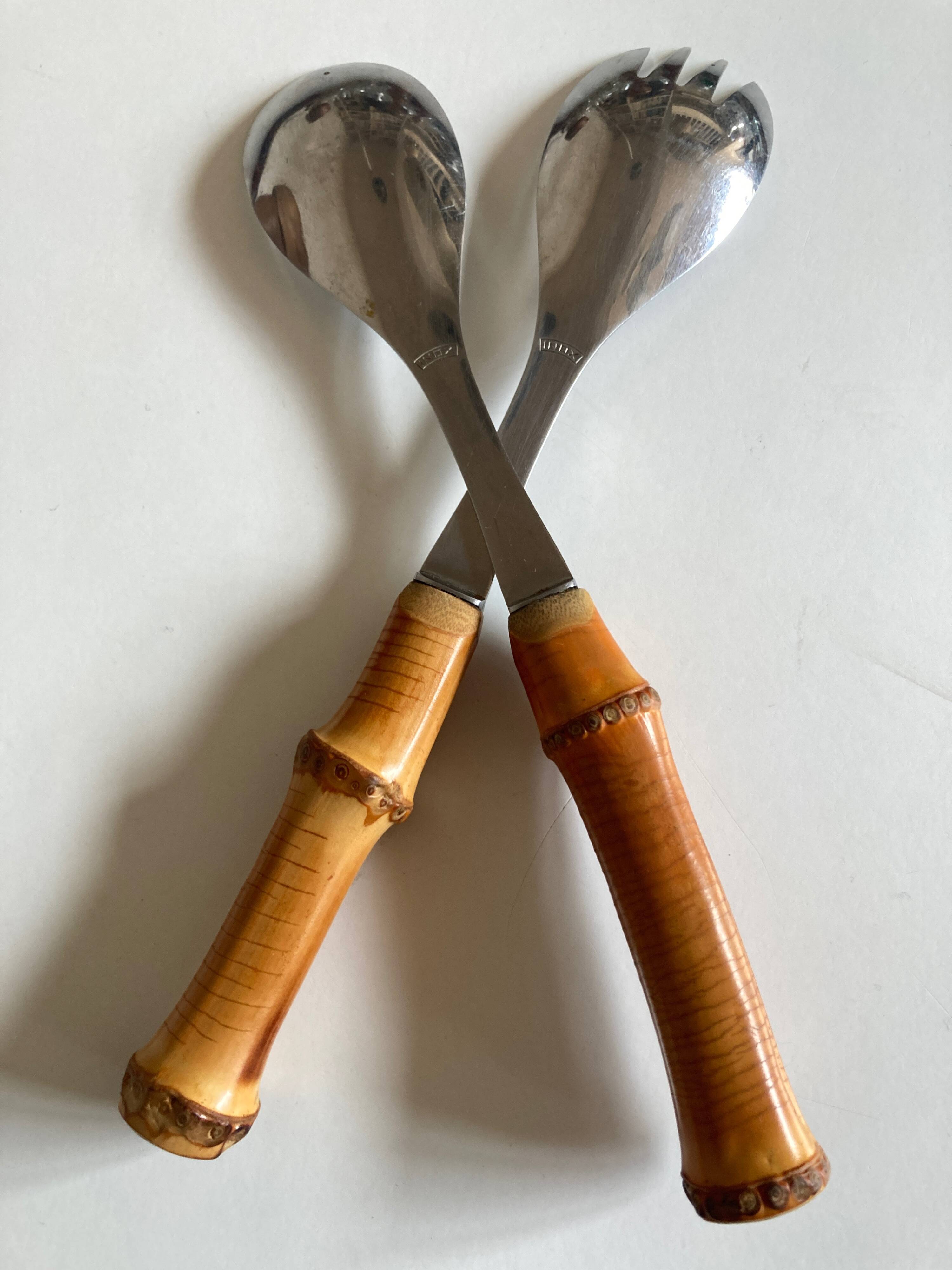 Pair of bamboo handle salad servers 1960