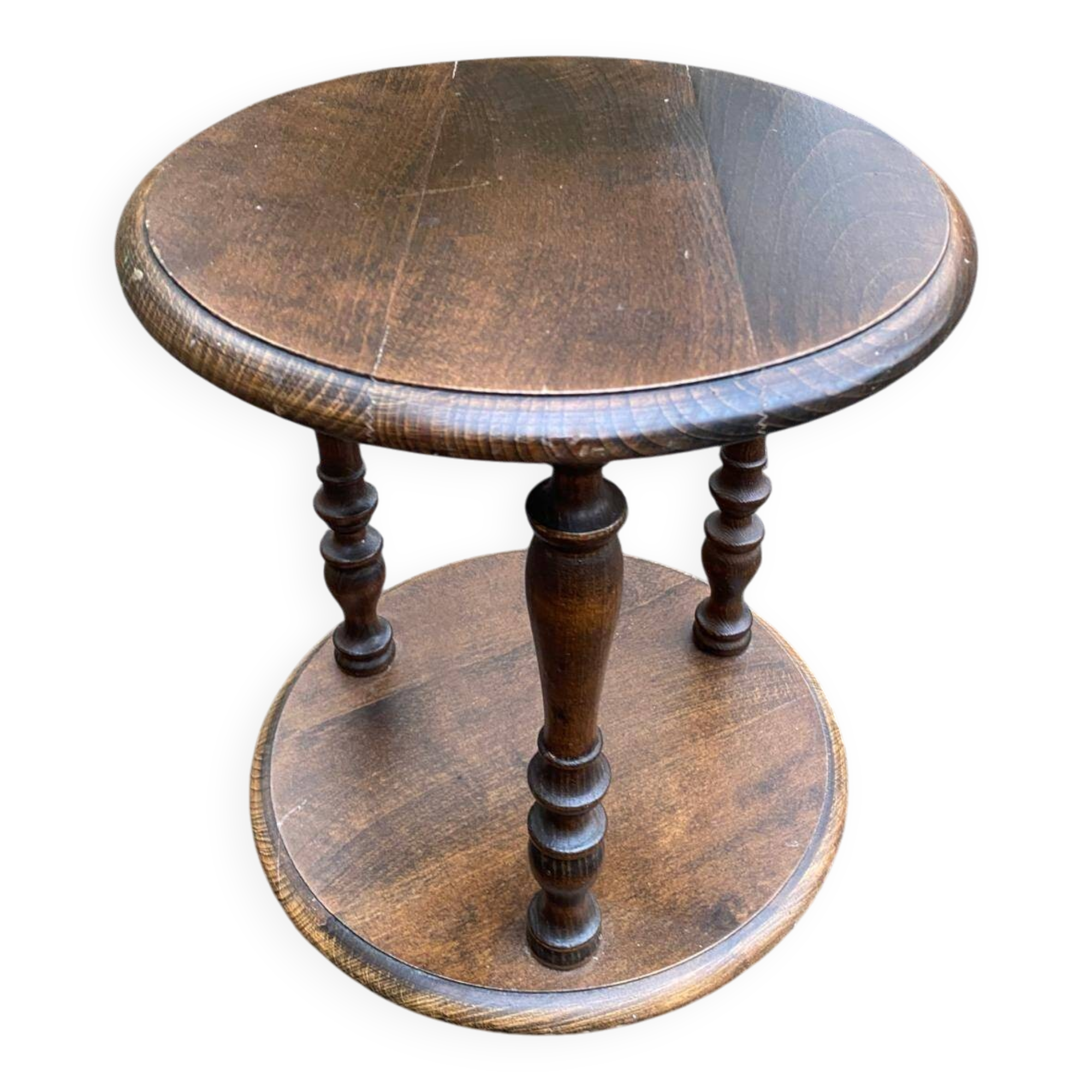 Small round vintage shelf in solid oak, circa 1900