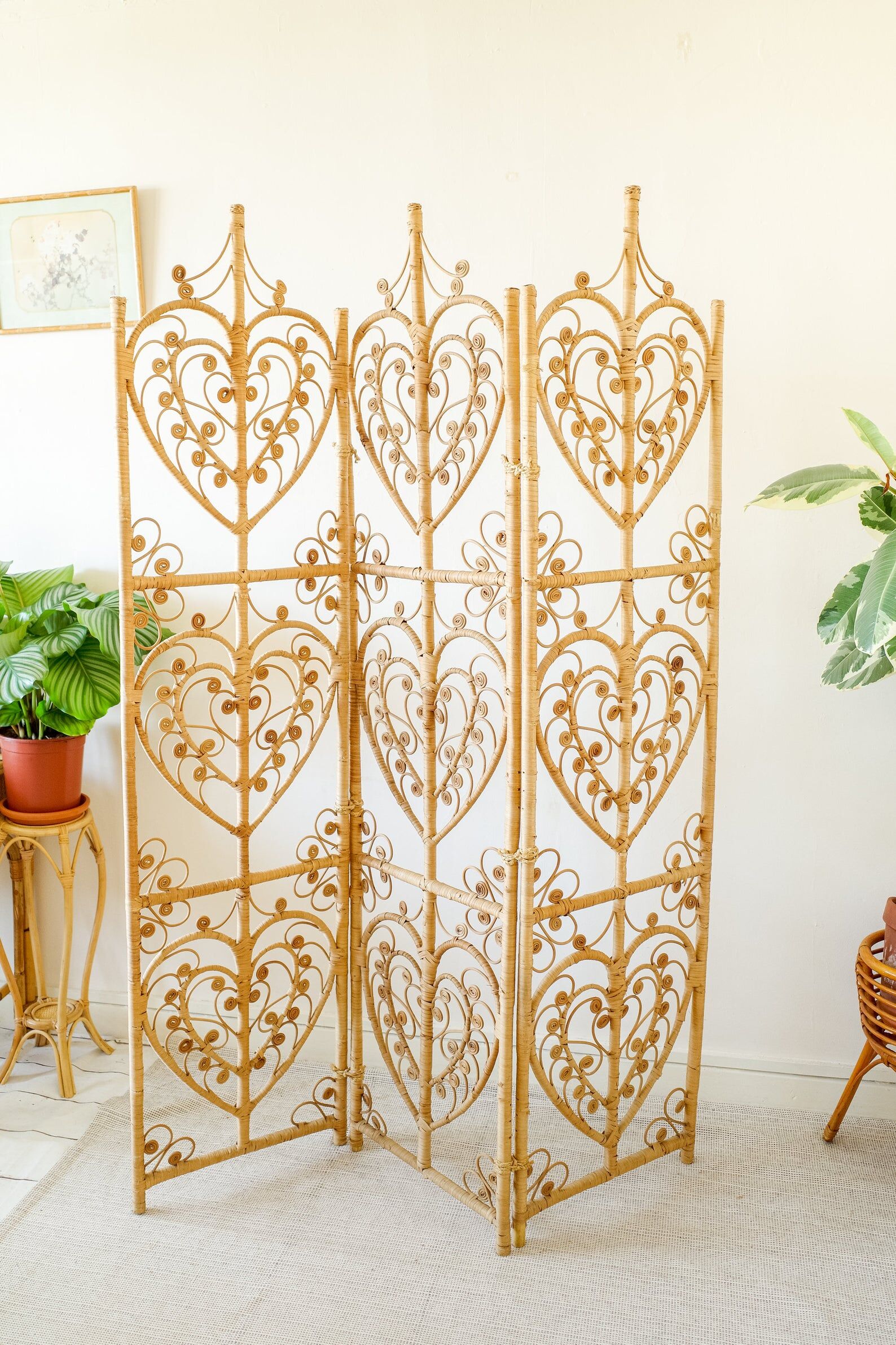 Bamboo wicker 1970s heart design 3 panel room divider