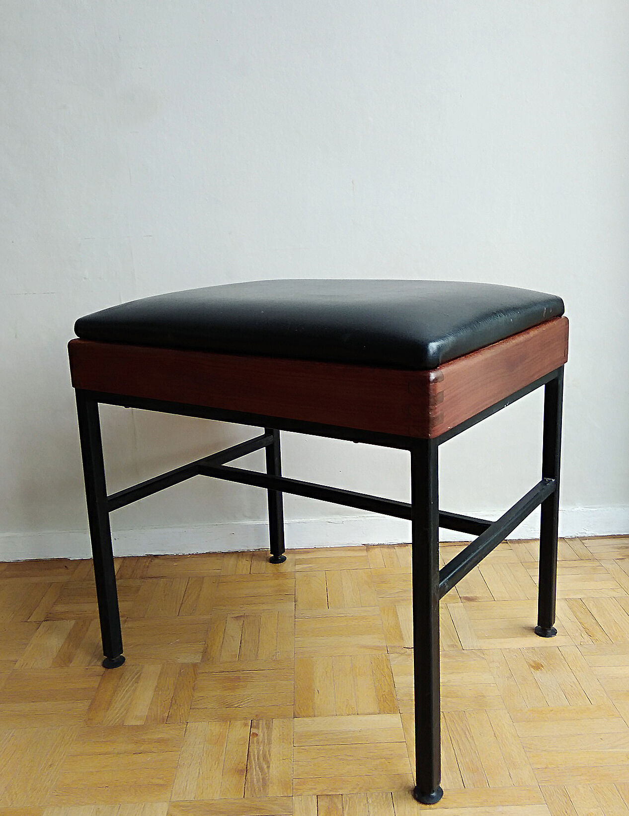 Modernist stool teak metal and black leatherette