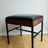 Modernist stool teak metal and black leatherette
