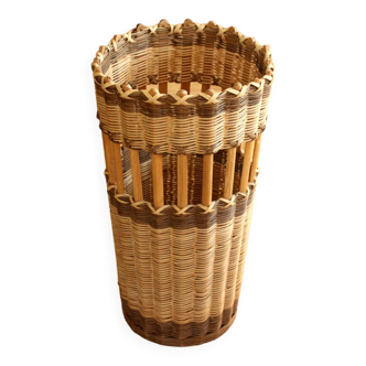 Rattan wicker and wooden umbrella stand, vintage from the 1970s