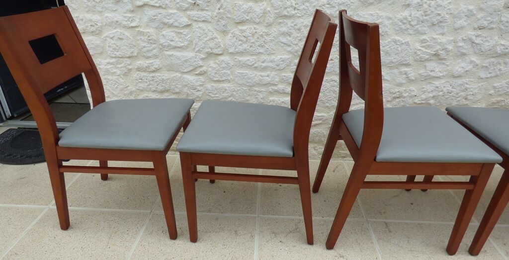 Set of 6 cherry wood style chairs with gray imitation leather seat