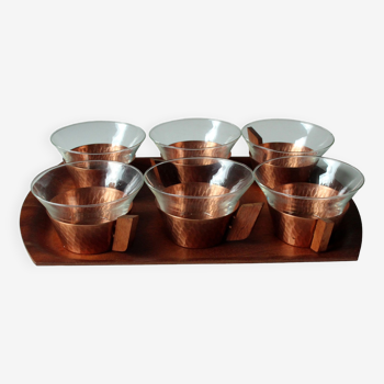 1950s -  6 glass tea cups in a copper stand with wooden handle - all on a wooden tray, vintage