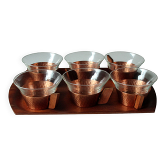 1950s -  6 glass tea cups in a copper stand with wooden handle - all on a wooden tray, vintage