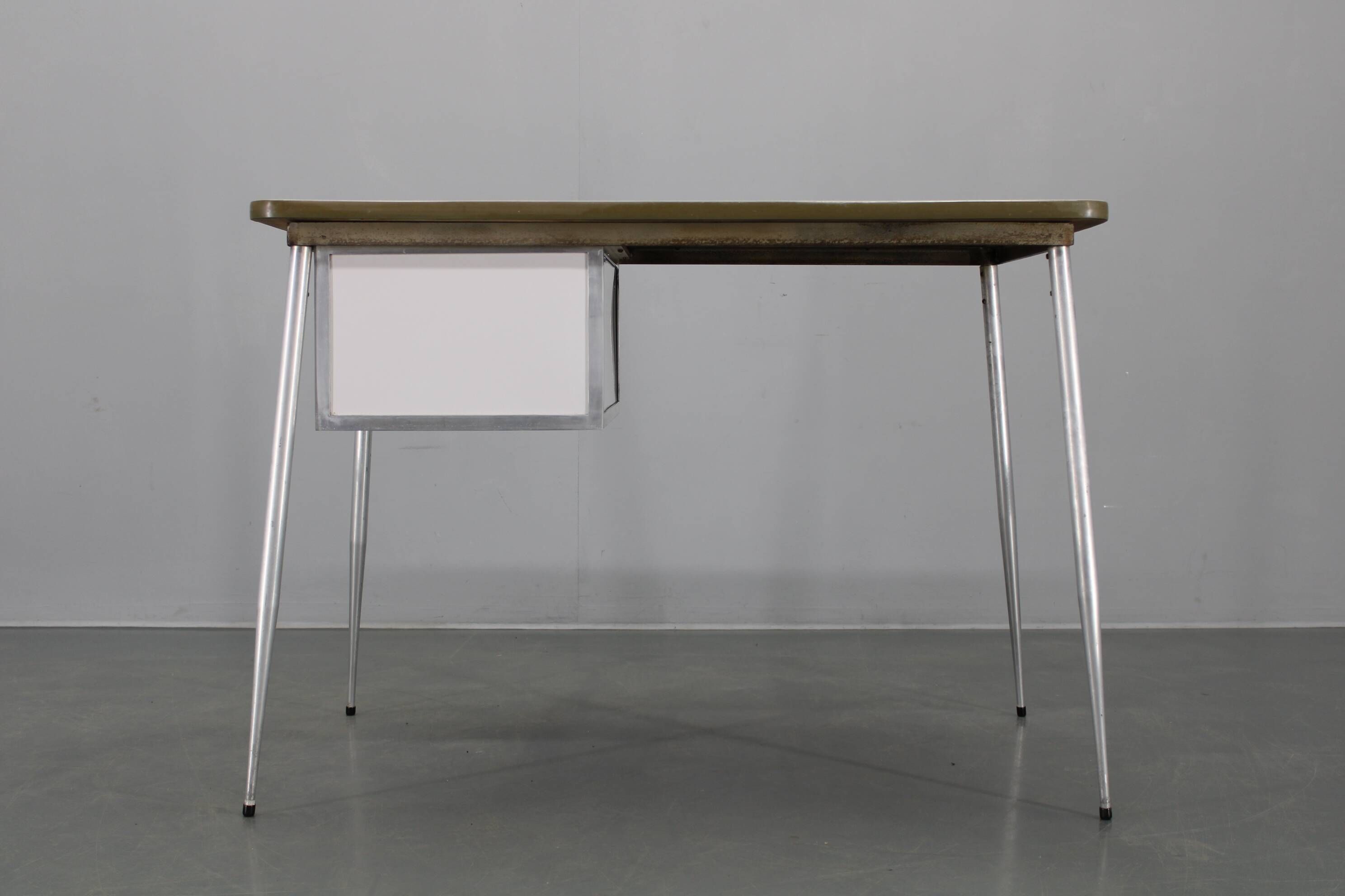 1950s Italian industrial metal and umakart desk — mid-century modern workstation
