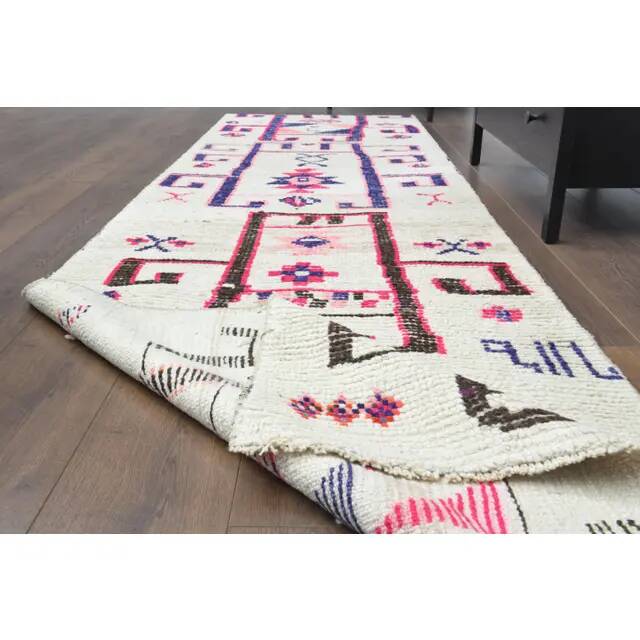 1970s Vintage Turkish Hand-Knotted Wool Cotton White Runner Rug 92x330