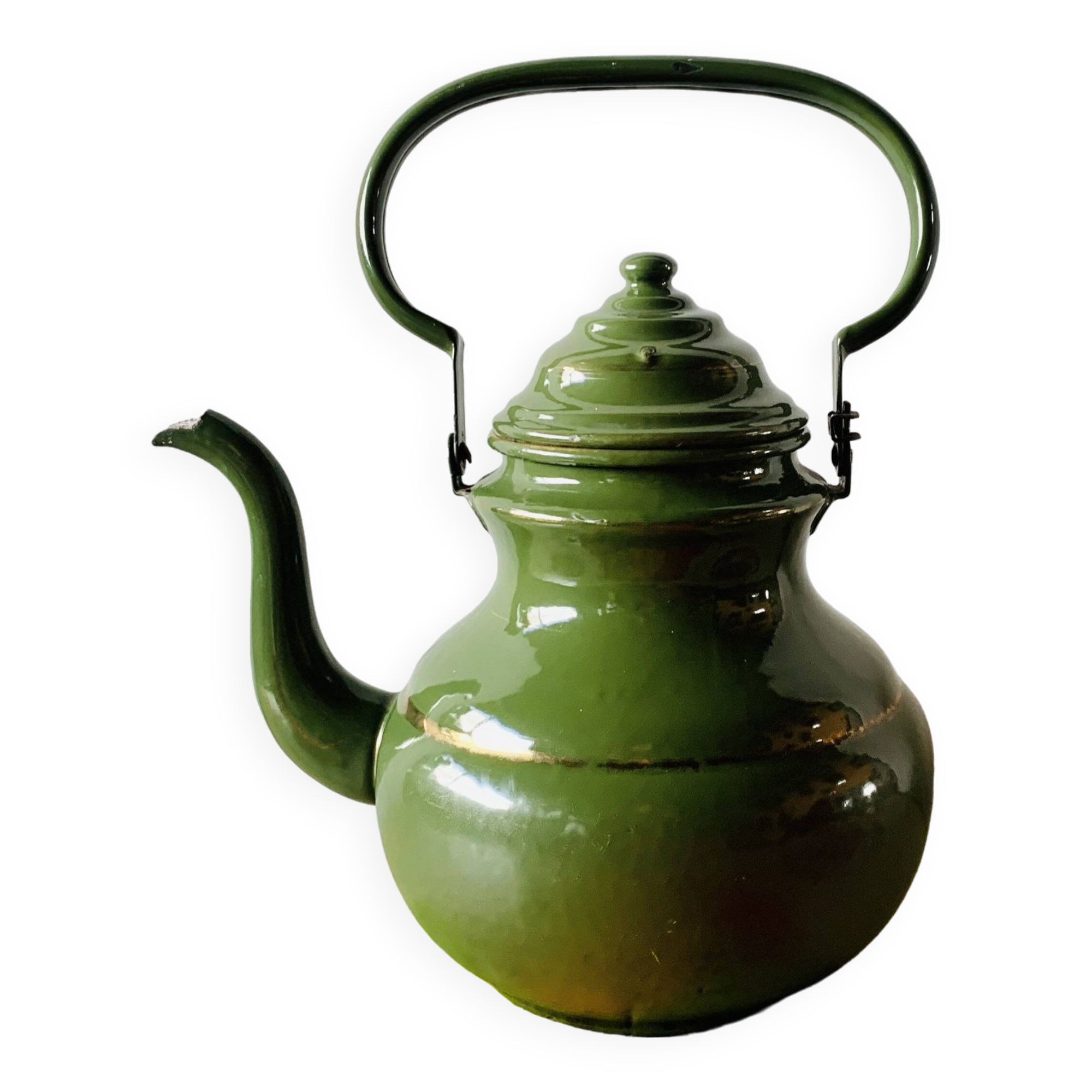 Vintage green enameled sheet metal kettle