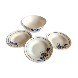 Lot of 3 hollow plates and 1 vintage salad bowl, 1940s, in Badonwiller earthenware, motif "Tunis