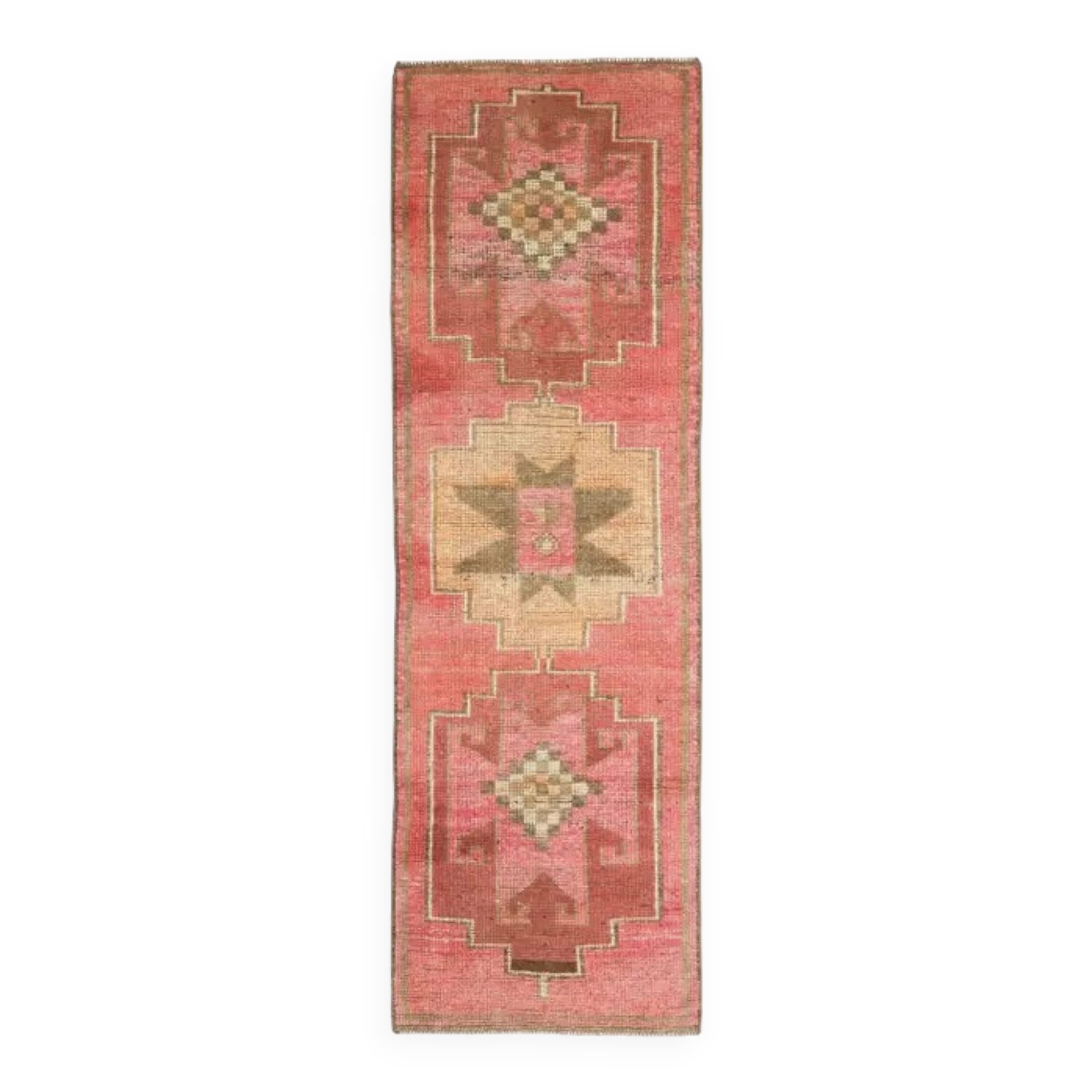 Vintage Turkish hand-knotted wool cotton pink runner rug 92x290