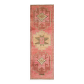 Tapis couloir vintage en laine et coton turc noué à la main rose 92x290