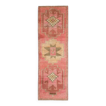 Tapis couloir vintage en laine et coton turc noué à la main rose 92x290
