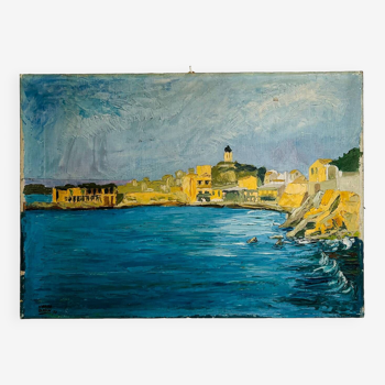 Old painting city by the sea