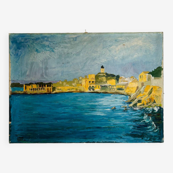 Tableau ancien ville en bord de mer