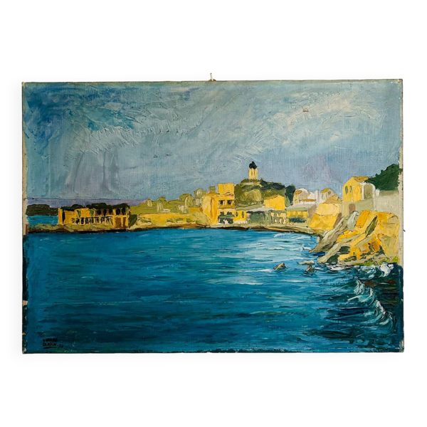 Tableau ancien ville en bord de mer