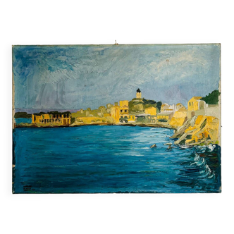 Old painting city by the sea