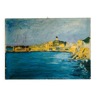 Tableau ancien ville en bord de mer